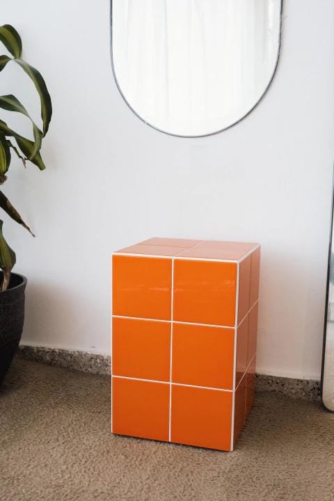 Handmade Orange Ceramic Tile Cube Side Table, Retro Accent Furniture