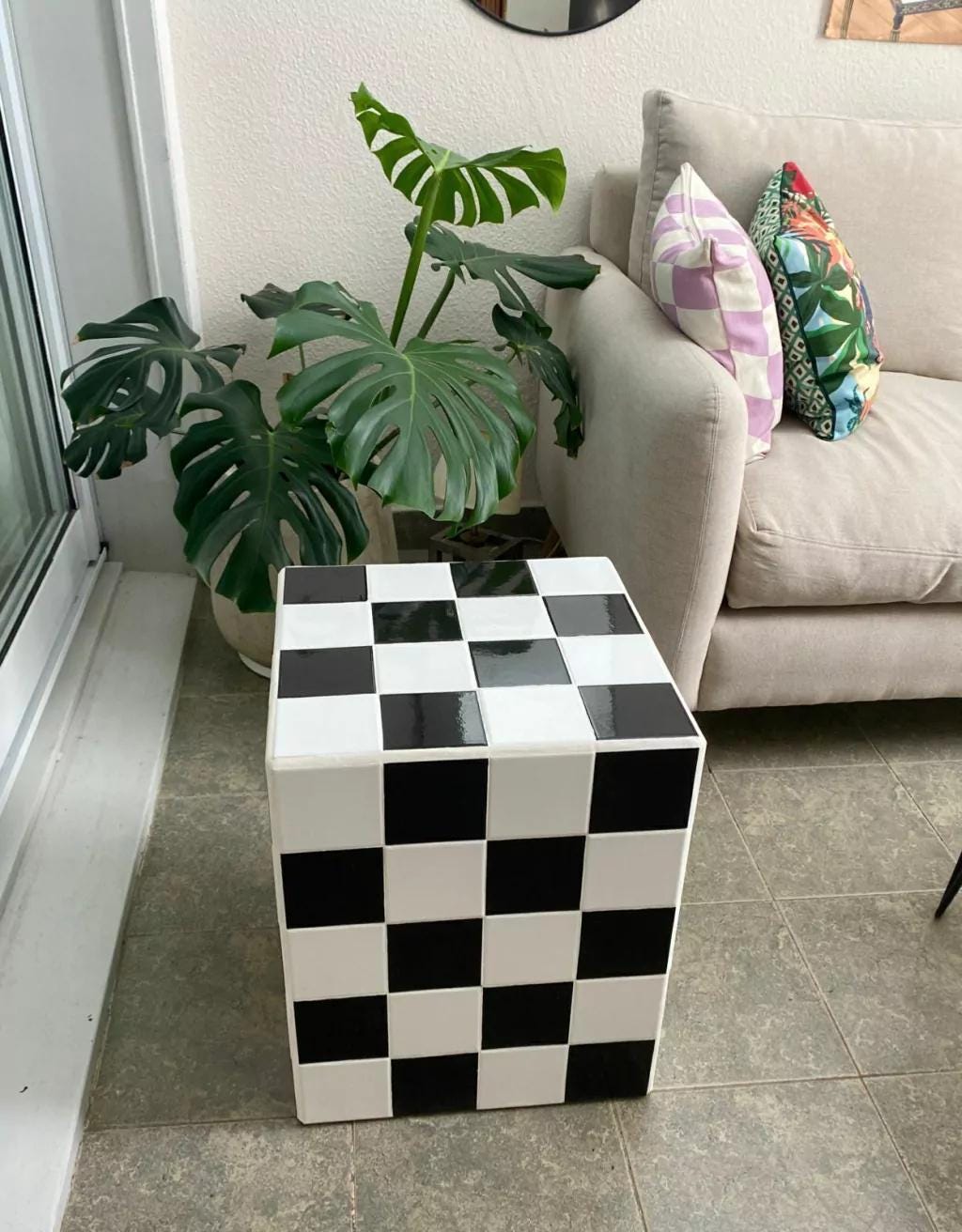 Checkerboard Tile Side Table, Black White Ceramic Cube Nightstand, Retro 80s Decor