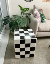 Checkerboard Tile Side Table, Black White Ceramic Cube Nightstand, Retro 80s Decor