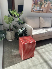 Red Mosaic Side Table, Handmade Glass Tile Pedestal Accent Furniture