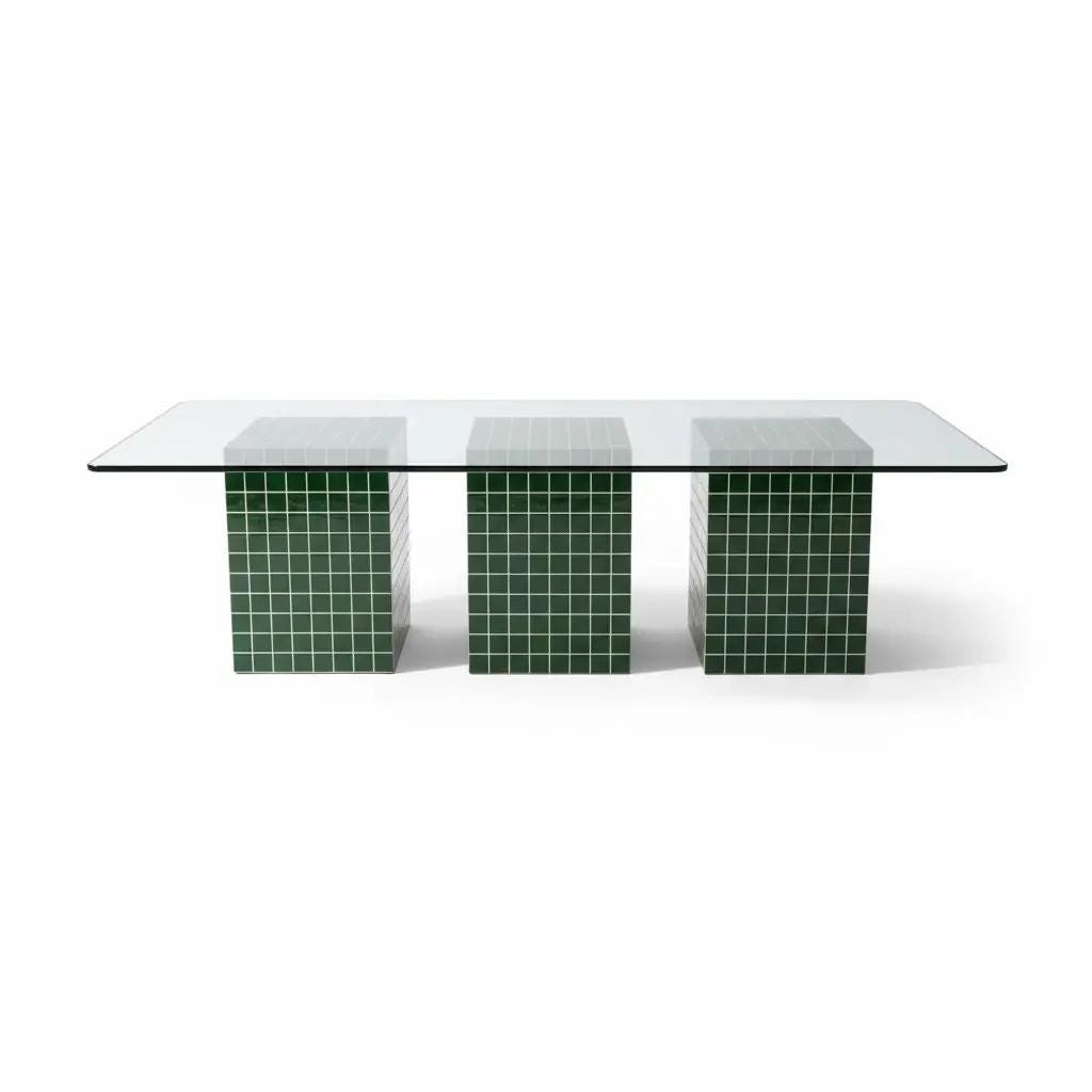 TRIO Handmade Green Tile Base Glass Coffee Table, Retro Modern Statement Furniture