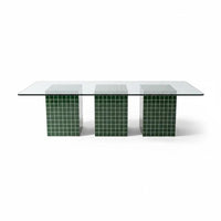 TRIO Handmade Green Tile Base Glass Coffee Table, Retro Modern Statement Furniture