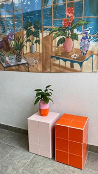 Handmade Orange Ceramic Tile Cube Side Table, Retro Accent Furniture