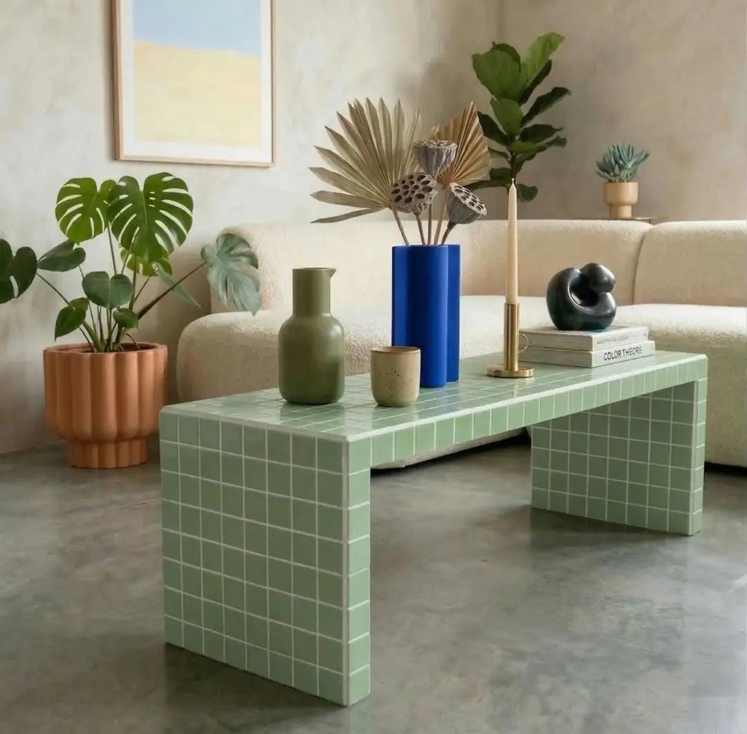 Handmade Ceramic Tile Coffee Table, Retro Tiled Accent Furniture, Japandi Living Room Decor