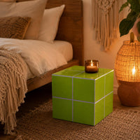 Handmade Pistachio Green Ceramic Tile Cube Side Table, Boho Accent Furniture
