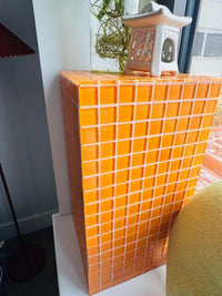 Red Mosaic Side Table, Handmade Glass Tile Pedestal Accent Furniture
