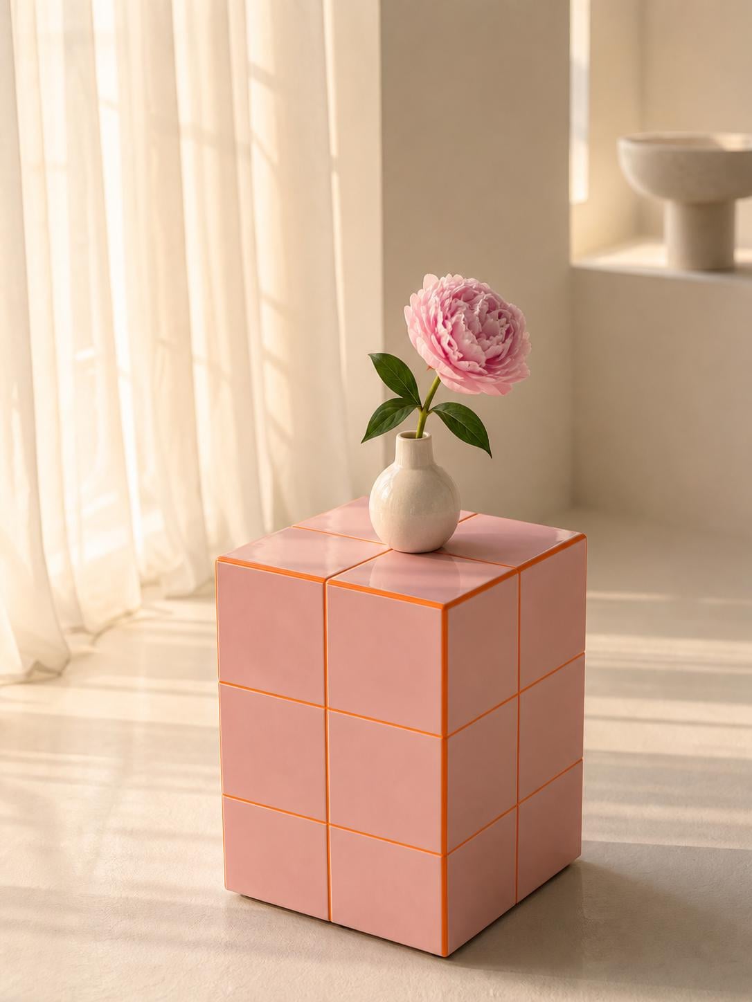 Handmade Blush Pink Ceramic Tile Cube Table, Bedside Accent Stand, Feminine Home Decor