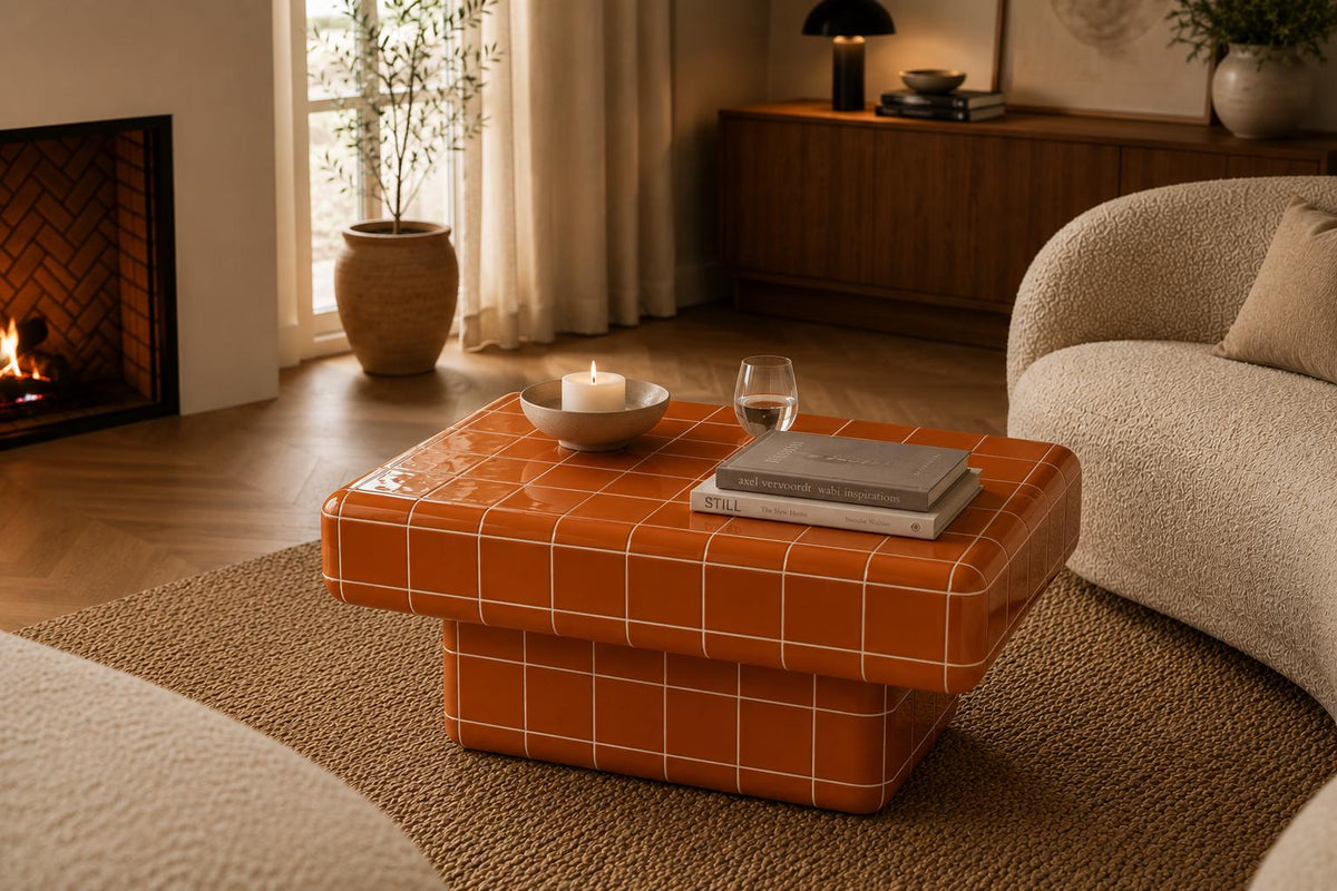 Pearl White Ceramic Tile Coffee Table | Japandi Modern Living Room Furniture