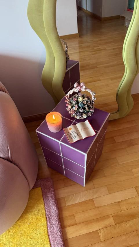 Handmade Purple Ceramic Tile Cube Side Table, Modern Accent Furniture
