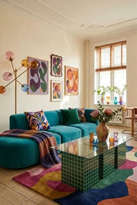 TRIO Handmade Green Tile Base Glass Coffee Table, Retro Modern Statement Furniture