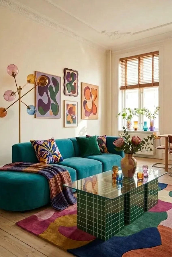 TRIO Handmade Green Tile Base Glass Coffee Table, Retro Modern Statement Furniture - alternate view