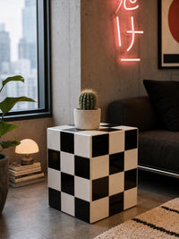 Checkerboard Tile Side Table, Black White Ceramic Cube Nightstand, Retro 80s Decor