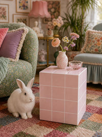 Handmade Pastel Pink Ceramic Tile Side Table, Modern Accent Furniture