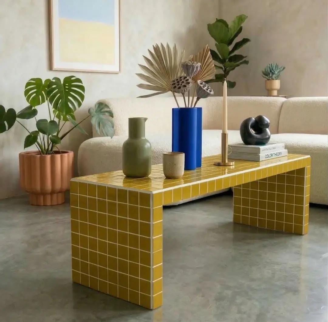 Handmade Ceramic Tile Coffee Table, Retro Tiled Accent Furniture, Japandi Living Room Decor