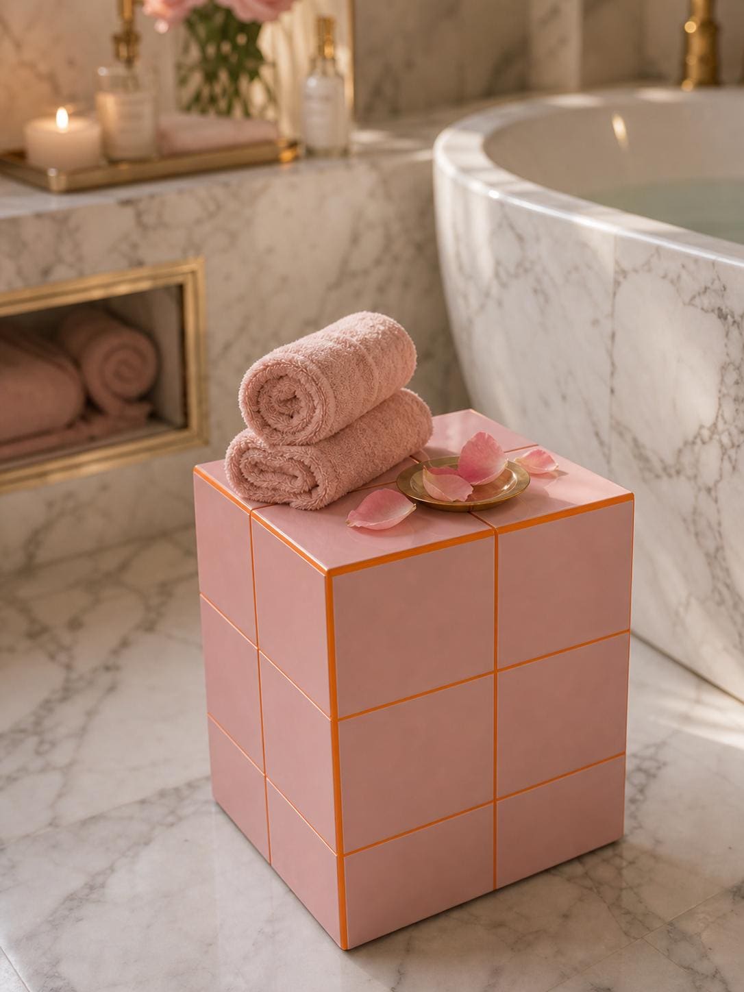 Handmade Blush Pink Ceramic Tile Cube Table, Bedside Accent Stand, Feminine Home Decor