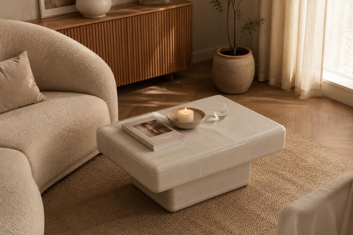 Pearl White Ceramic Tile Coffee Table | Japandi Modern Living Room Furniture