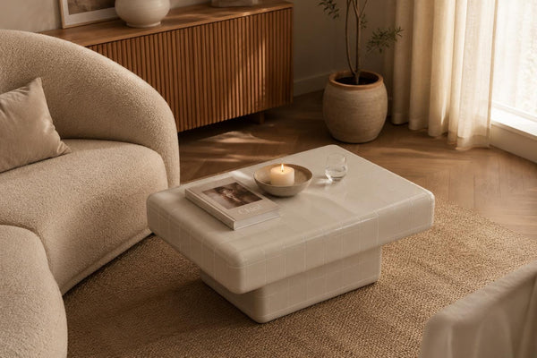 Pearl White Ceramic Tile Coffee Table | Japandi Modern Living Room Furniture