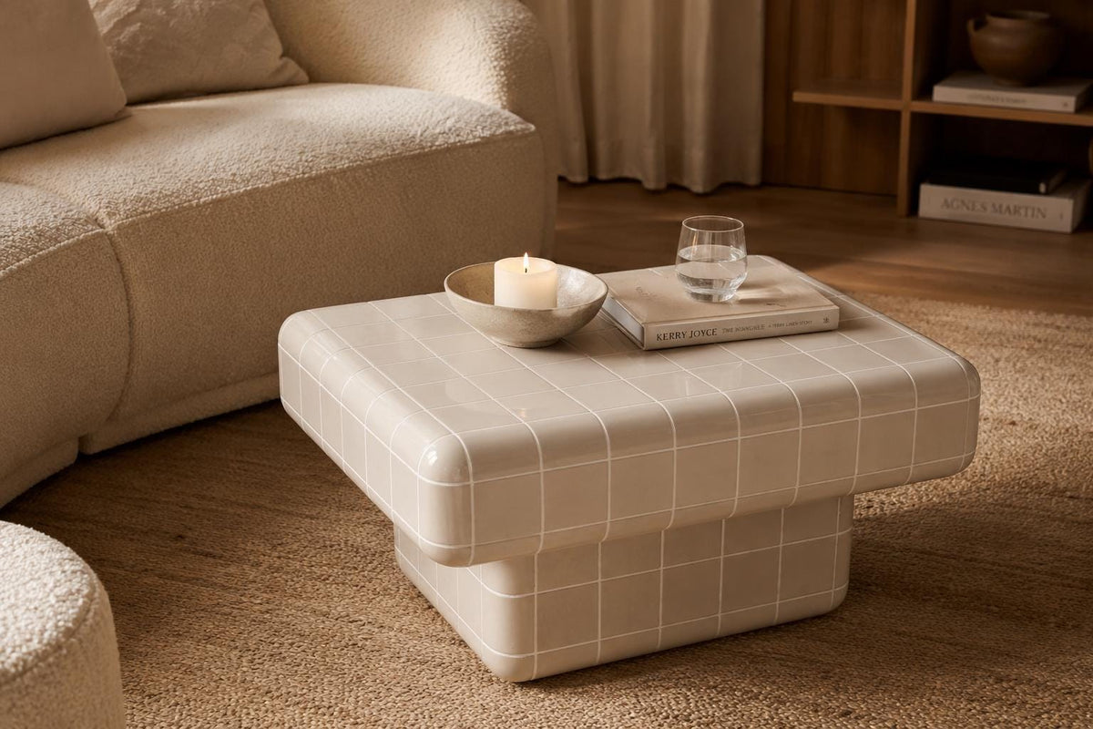 Pearl White Ceramic Tile Coffee Table | Japandi Modern Living Room Furniture