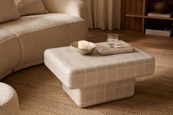 Pearl White Ceramic Tile Coffee Table | Japandi Modern Living Room Furniture - alternate view