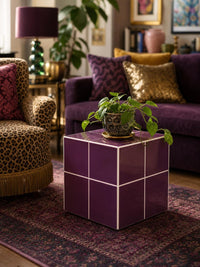 Handmade Purple Ceramic Tile Cube Side Table, Modern Accent Furniture