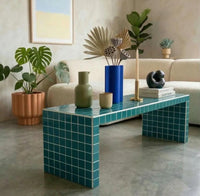 Handmade Ceramic Tile Coffee Table, Retro Tiled Accent Furniture, Japandi Living Room Decor