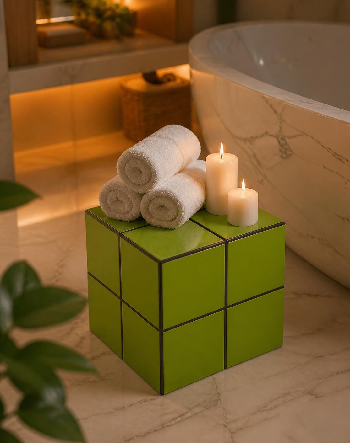 Handmade Pistachio Green Ceramic Tile Cube Side Table, Boho Accent Furniture