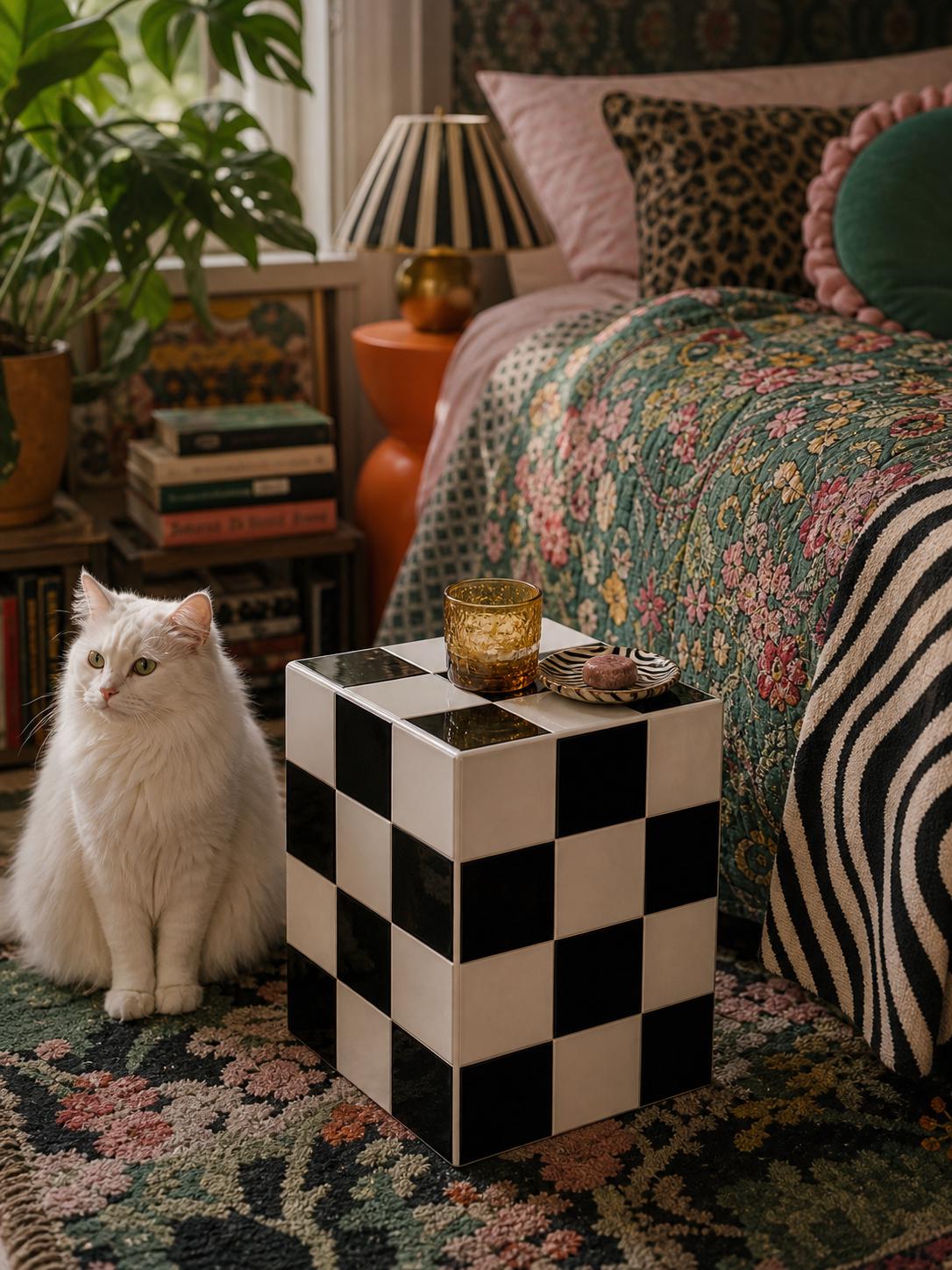 Checkerboard Tile Side Table, Black White Ceramic Cube Nightstand, Retro 80s Decor