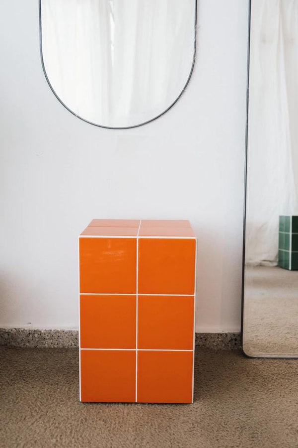 Handmade Orange Ceramic Tile Cube Side Table, Retro Accent Furniture
