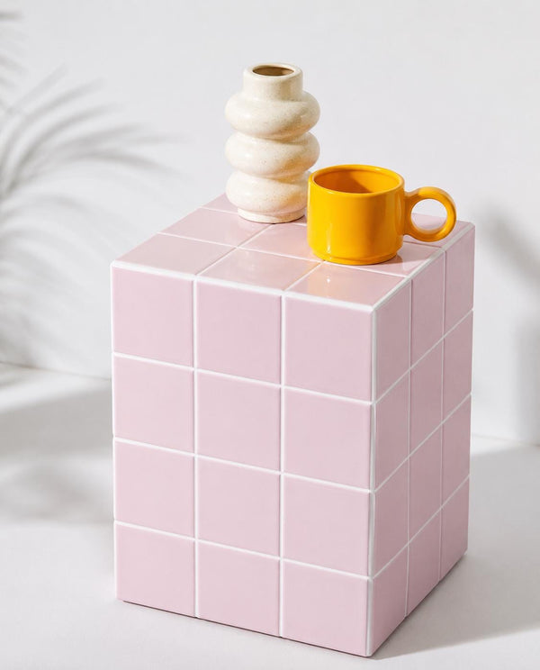 Handmade Pastel Pink Ceramic Tile Side Table, Modern Accent Furniture
