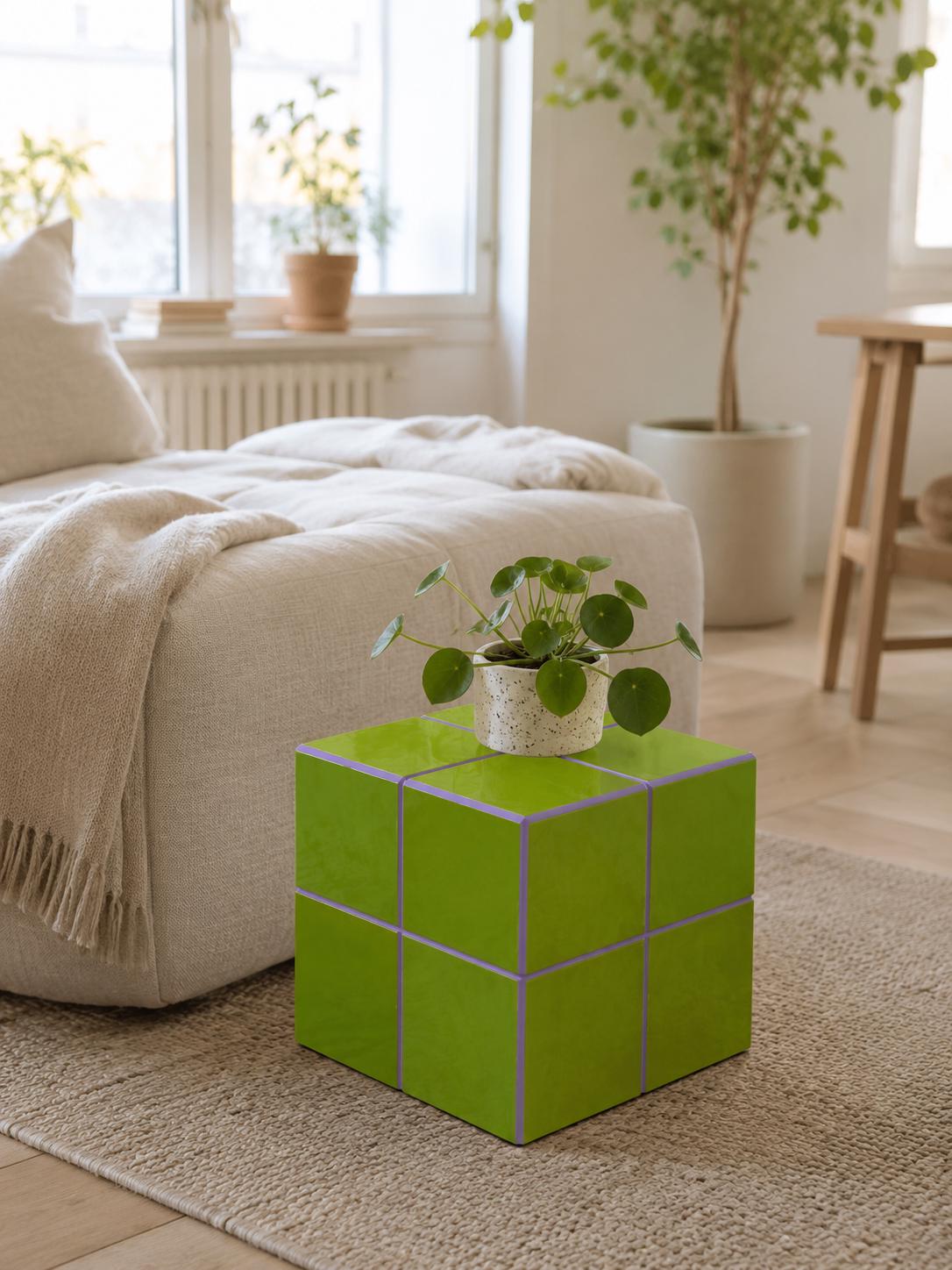 Handmade Pistachio Green Ceramic Tile Cube Side Table, Boho Accent Furniture