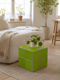 Handmade Pistachio Green Ceramic Tile Cube Side Table, Boho Accent Furniture