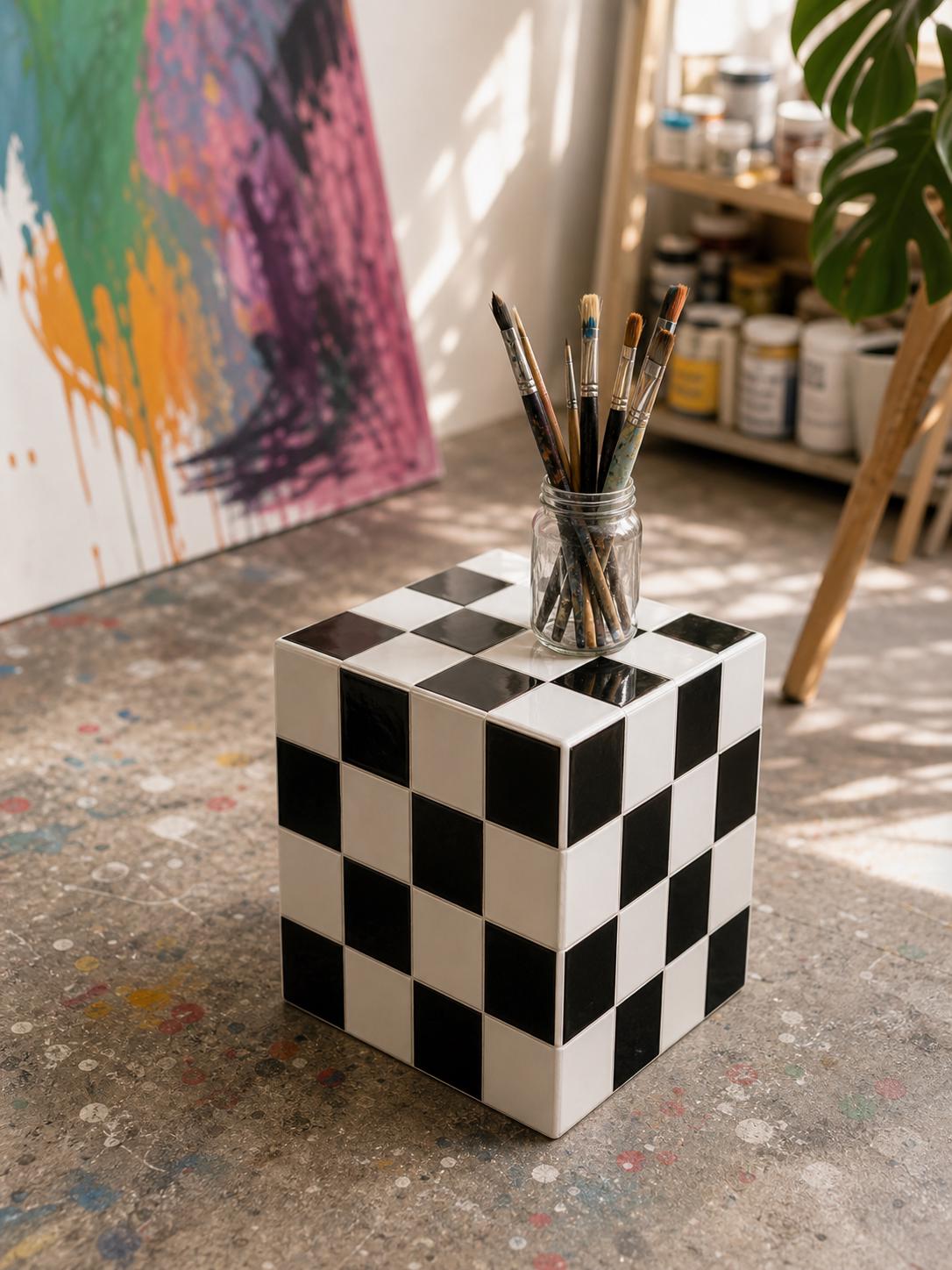 Checkerboard Tile Side Table, Black White Ceramic Cube Nightstand, Retro 80s Decor