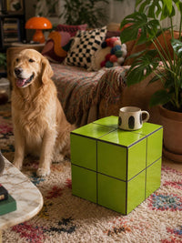 Handmade Pistachio Green Ceramic Tile Cube Side Table, Boho Accent Furniture