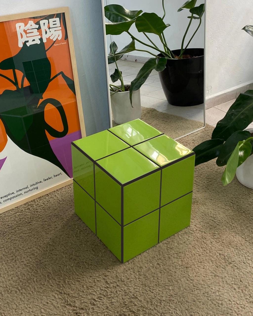 Handmade Pistachio Green Ceramic Tile Cube Side Table, Boho Accent Furniture