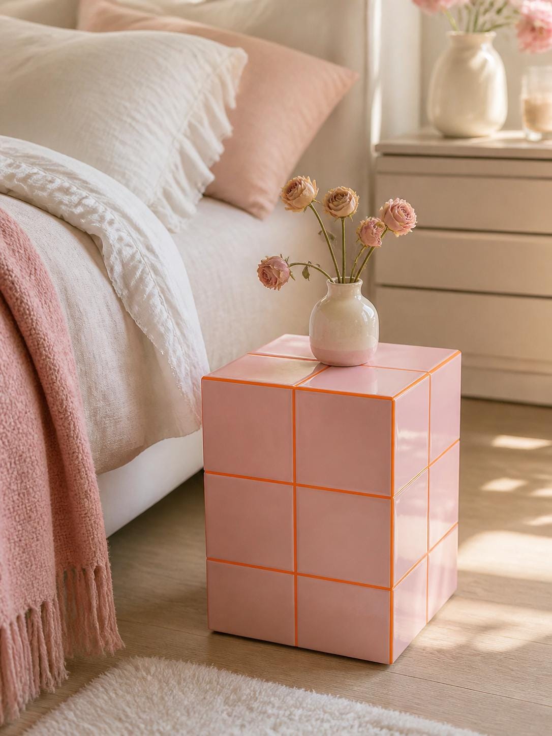 Handmade Blush Pink Ceramic Tile Cube Table, Bedside Accent Stand, Feminine Home Decor